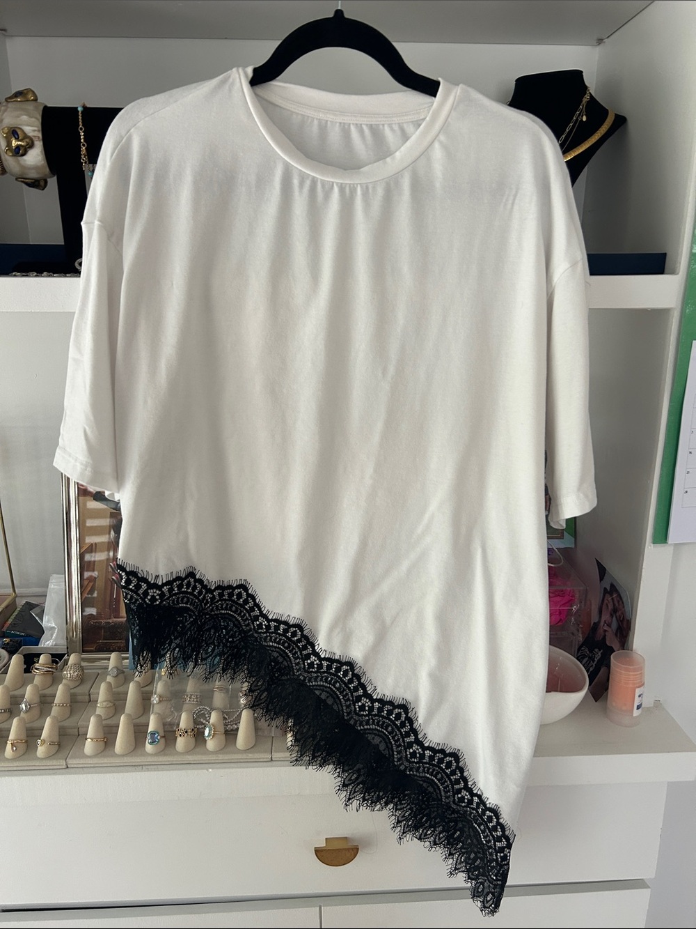 Elegant White Asymmetric oversized Tee with Black Lace Trim